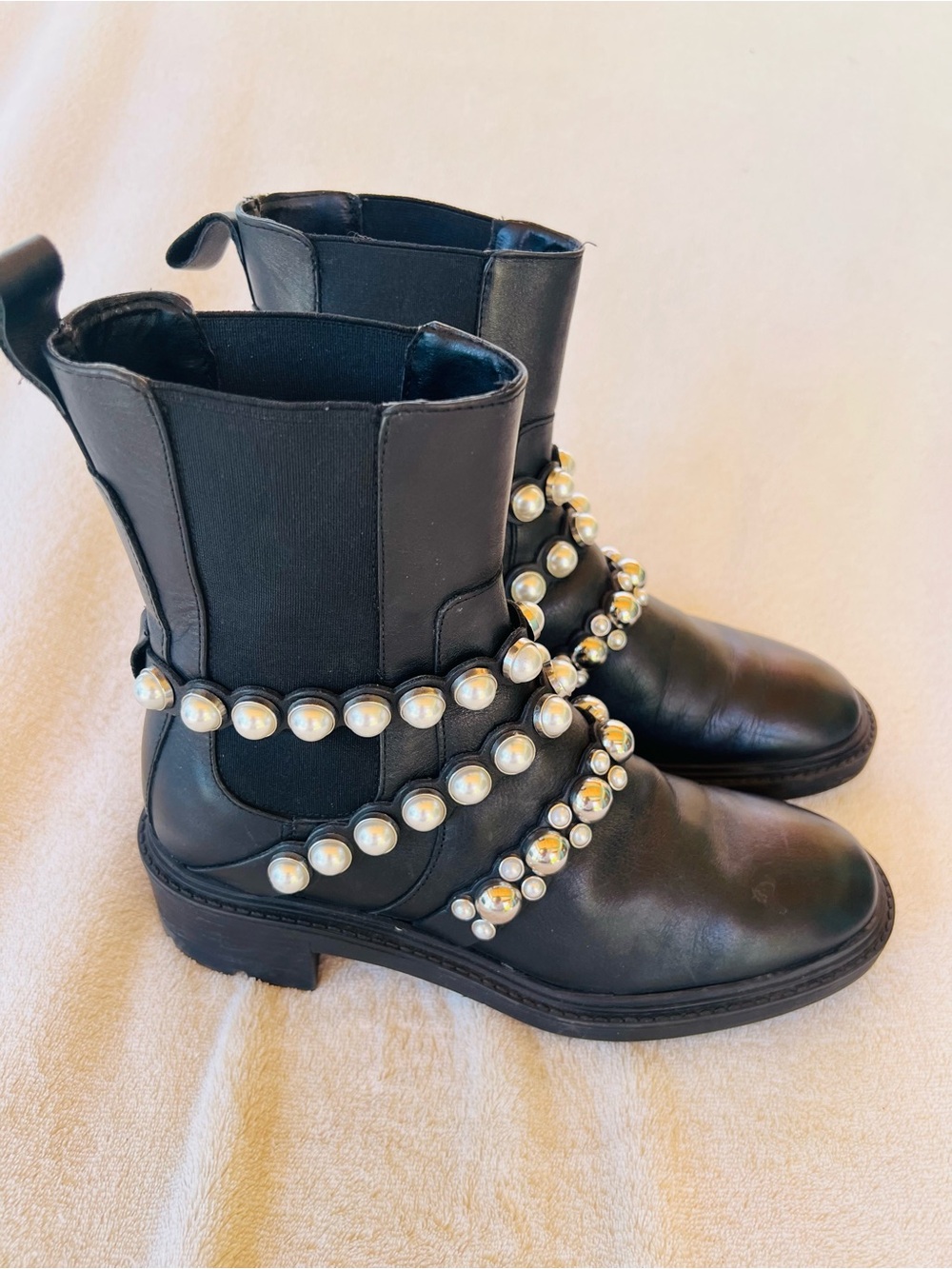 Zara Leather Pearl Strap Ankle Boots Block Heel Size 8 Black - Picture 6 of 12